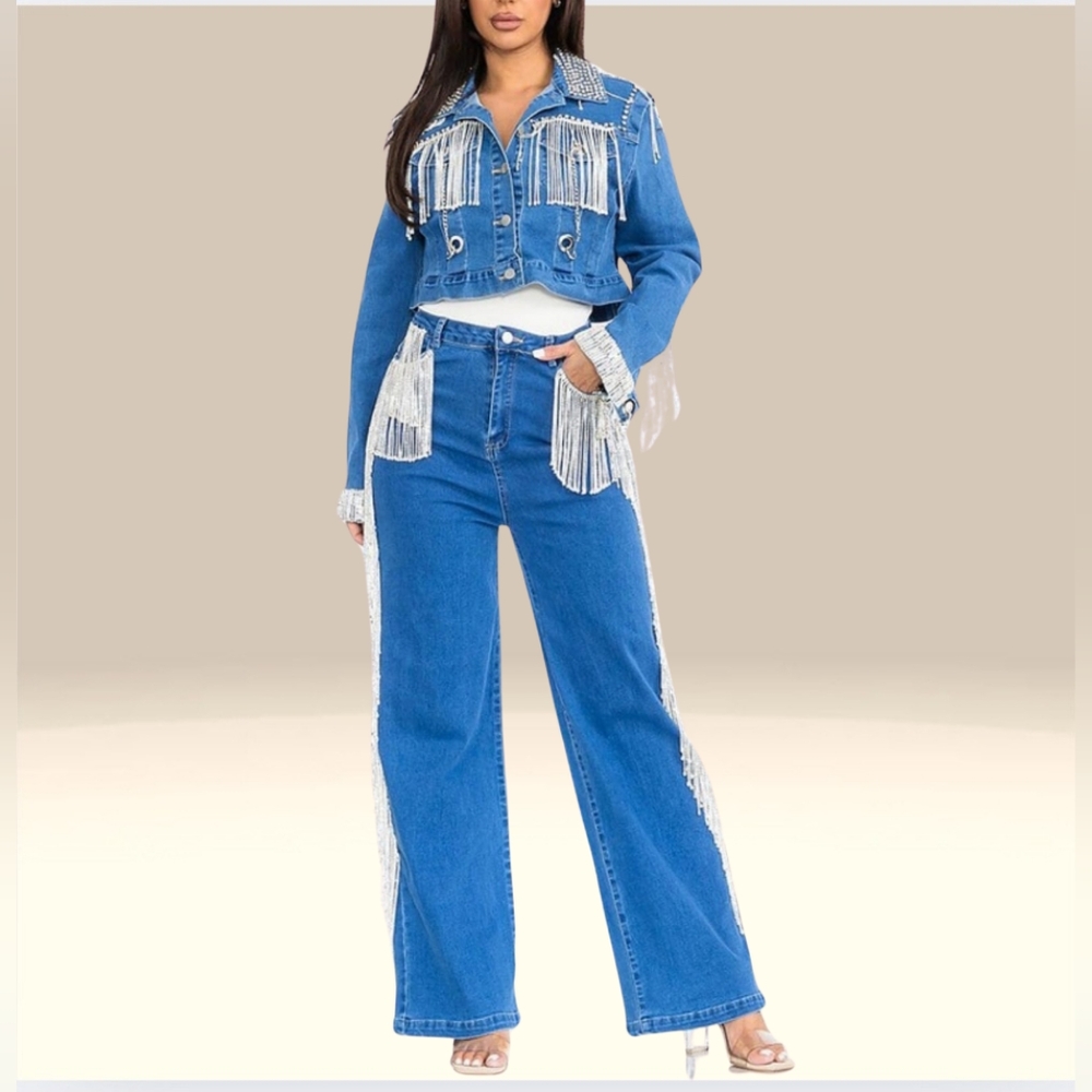 Blue Denim Fringe Women's Jeans And Jacket Set